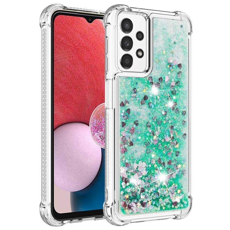 Glitter zselés homokóra hüvely Samsung Galaxy A13 4G - zöld/szívek