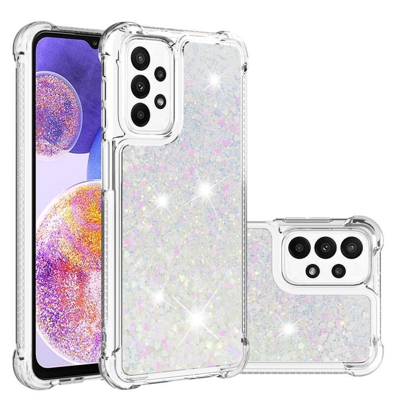 Glitter zselés homokóra tok Samsung Galaxy A23 4G/5G készülékhez - rózsaszín/ezüst/szívecske