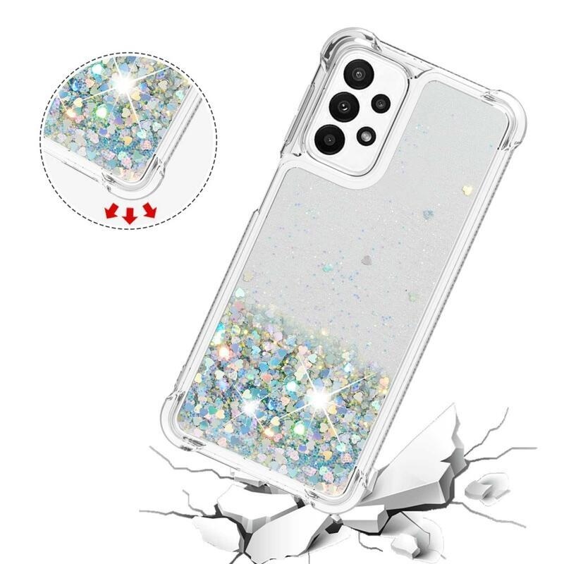Glitter zselés homokóra tok Samsung Galaxy A23 4G/5G készülékhez - ezüst/szívecske