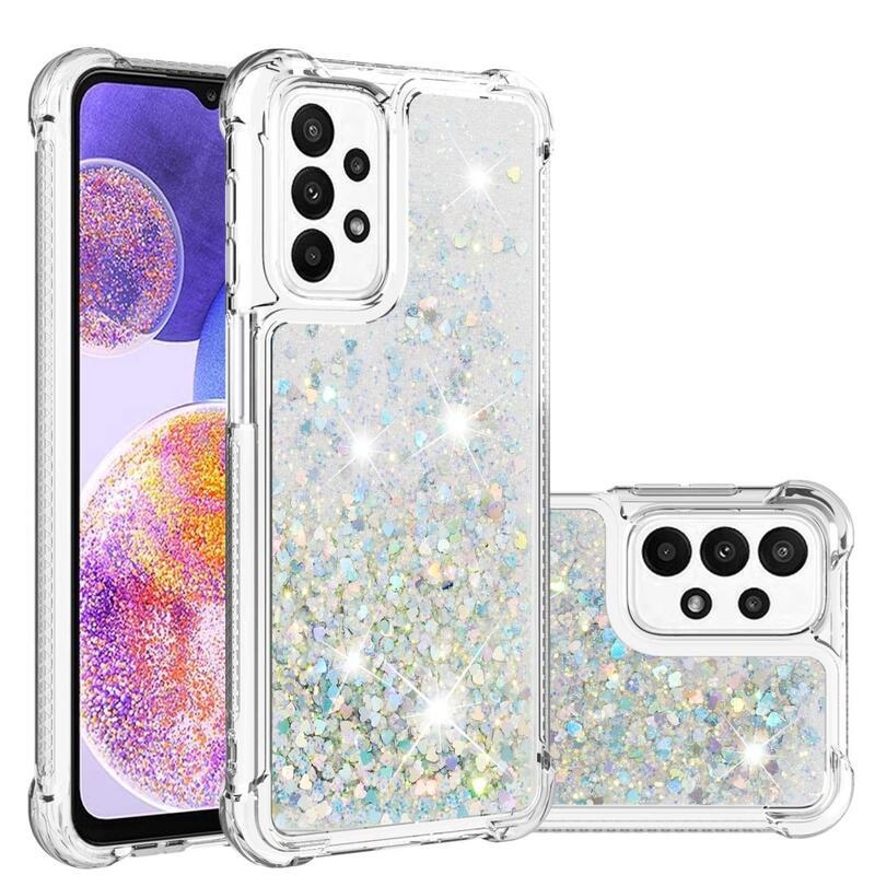 Glitter zselés homokóra tok Samsung Galaxy A23 4G/5G készülékhez - ezüst/szívecske