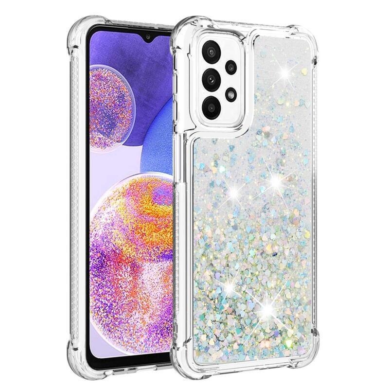 Glitter zselés homokóra tok Samsung Galaxy A23 4G/5G készülékhez - ezüst/szívecske