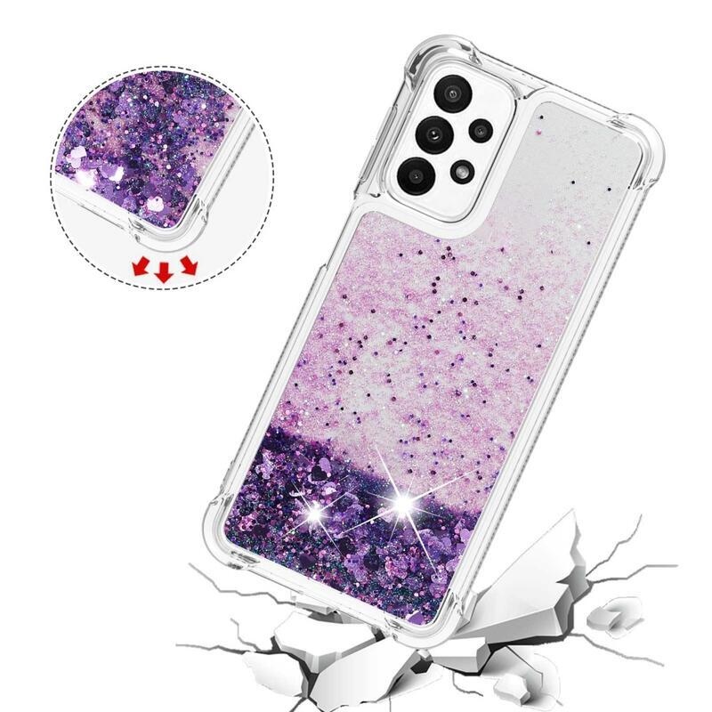 Glitter zselés homokóra hüvely Samsung Galaxy A23 4G/5G készülékhez - sötétlila/szív