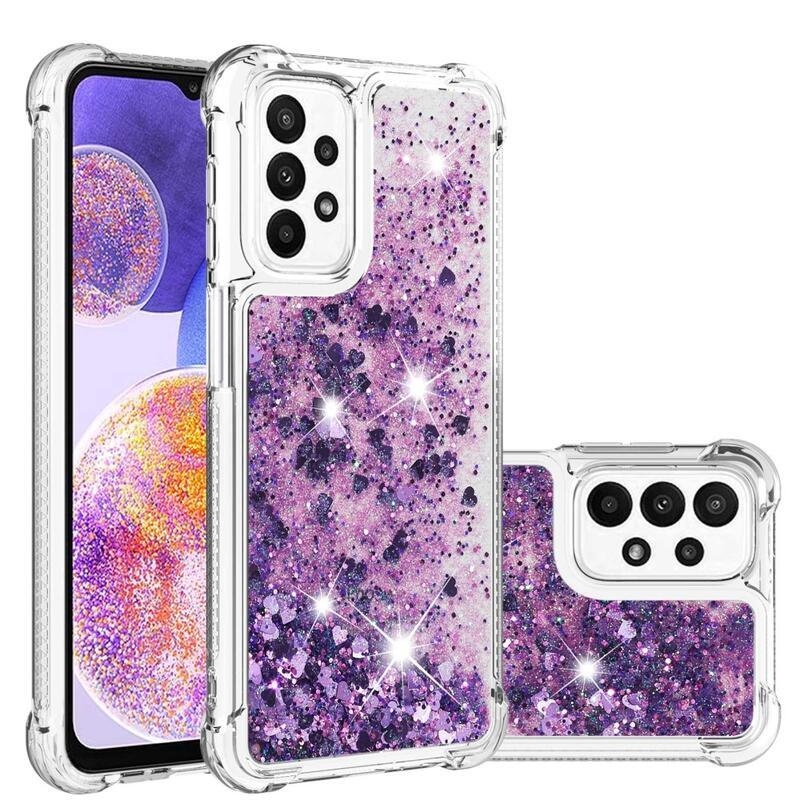 Glitter zselés homokóra hüvely Samsung Galaxy A23 4G/5G készülékhez - sötétlila/szív