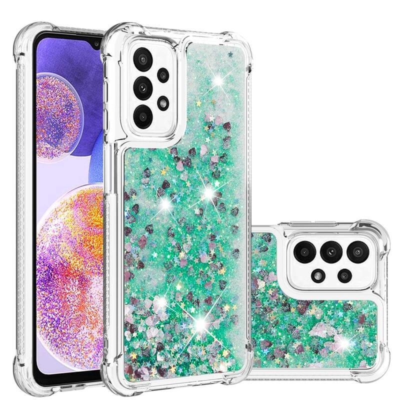 Glitter zselés homokóra tok Samsung Galaxy A23 4G/5G készülékhez - zöld/szív