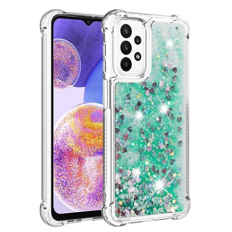 Glitter zselés homokóra tok Samsung Galaxy A23 4G/5G készülékhez - zöld/szív