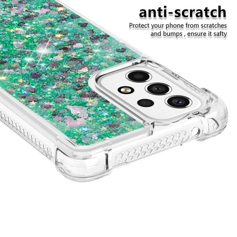 Glitter zselés homokóra hüvely Samsung Galaxy A53 5G - zöld/szívek