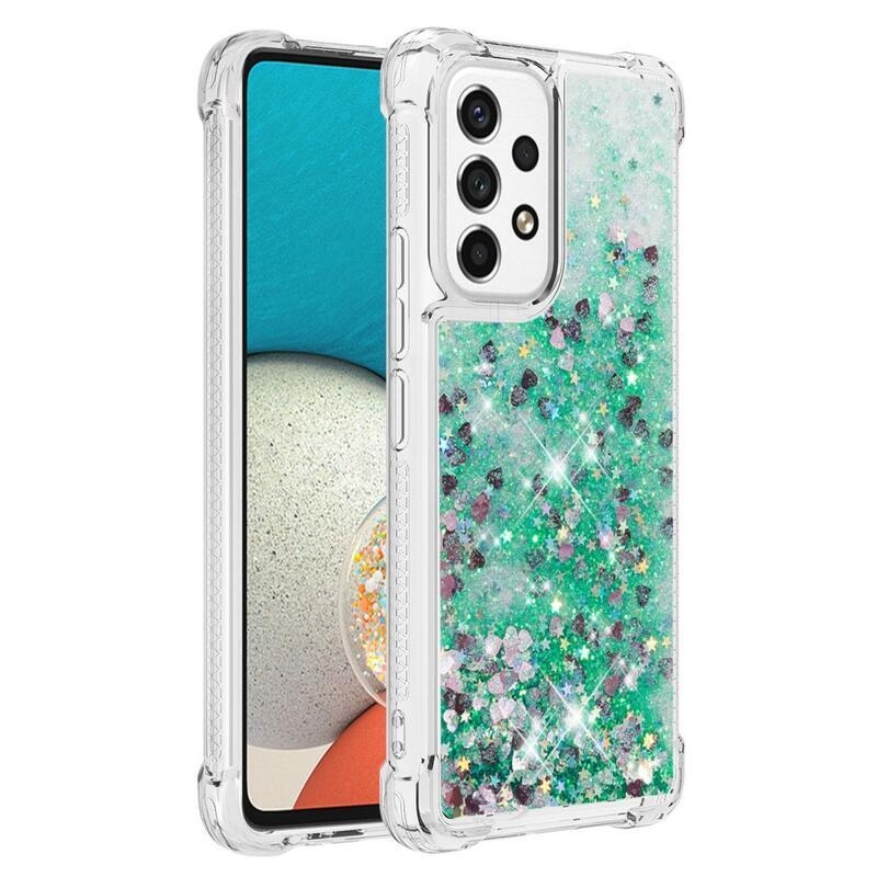 Glitter zselés homokóra hüvely Samsung Galaxy A53 5G - zöld/szívek