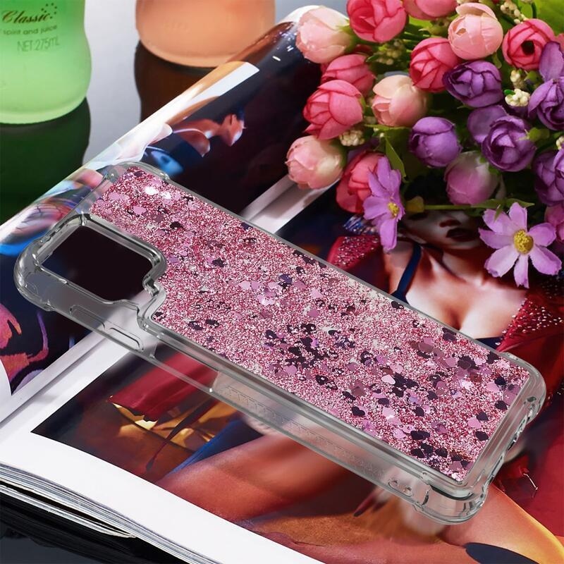 Glitter homokóra zselés tok Samsung Galaxy A12/M12 készülékhez - rózsaarany/szív