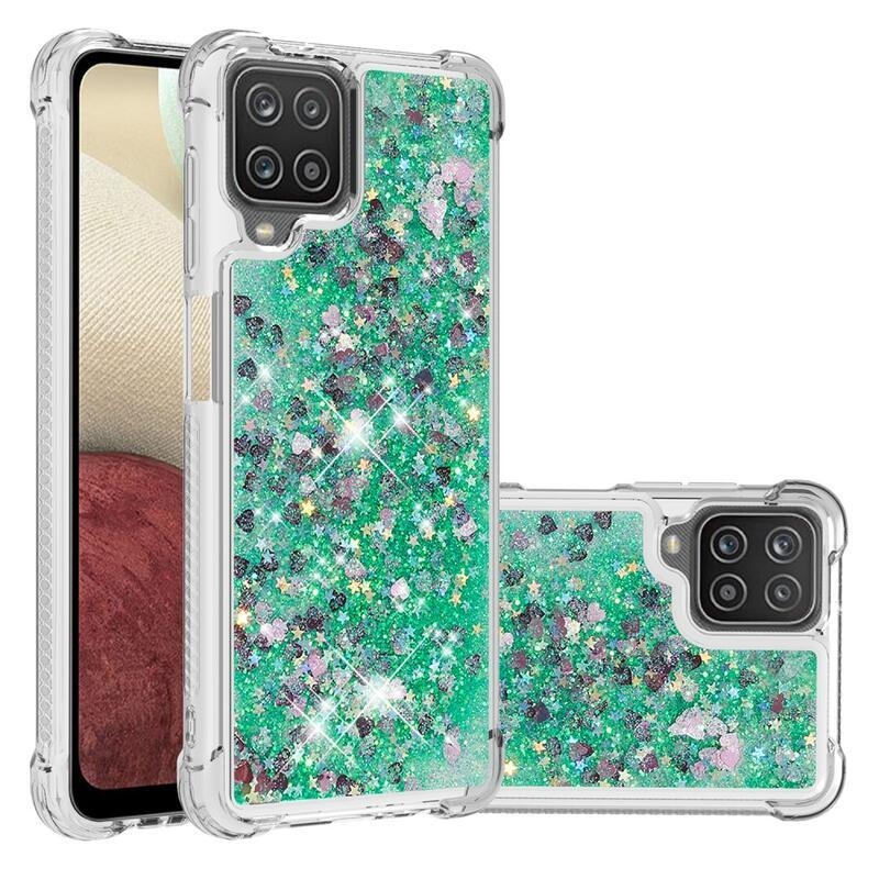 Csillogó homokóra zselés tok Samsung Galaxy A12/M12 - zöld/szív