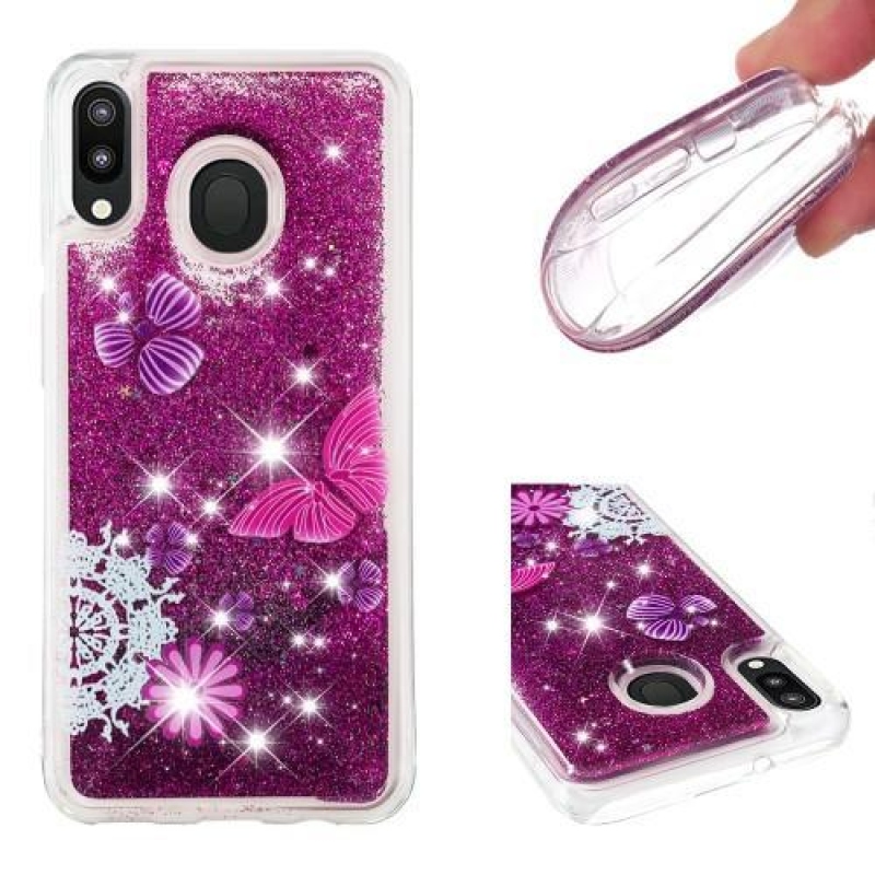 Glitter homokóra zselés tok Samsung Galaxy M20-hoz - pillangó és virág
