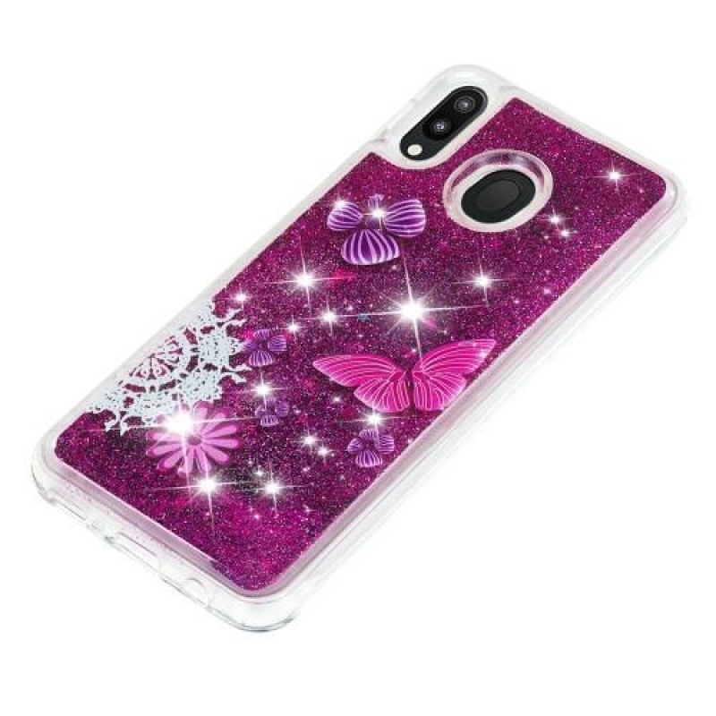 Glitter homokóra zselés tok Samsung Galaxy M20-hoz - pillangó és virág