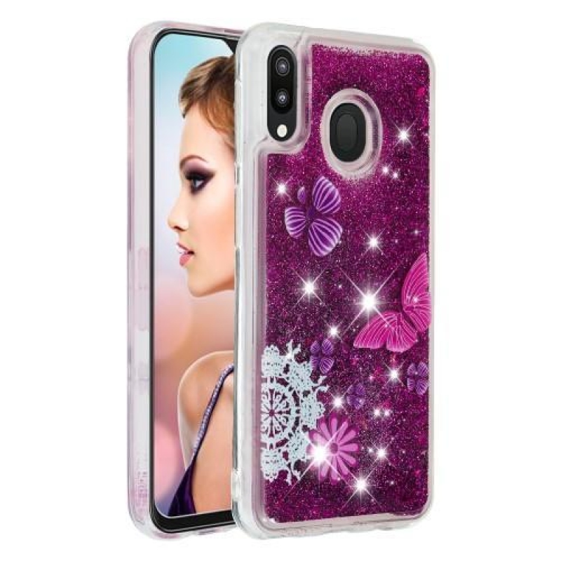 Glitter homokóra zselés tok Samsung Galaxy M20-hoz - pillangó és virág
