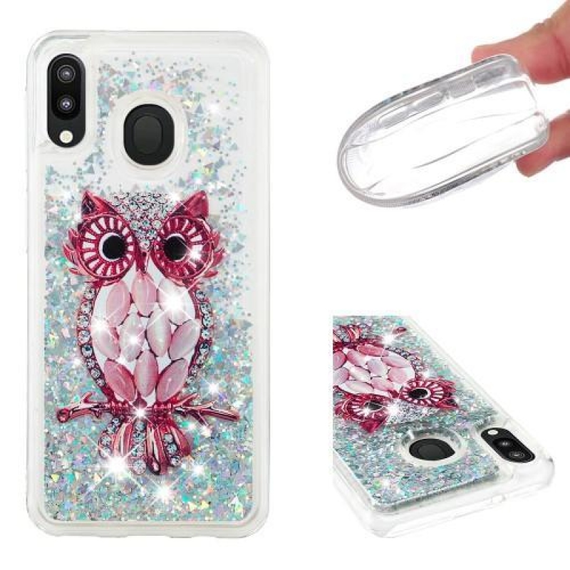 Glitter homokóra zselés tok Samsung Galaxy M20-hoz - bagoly