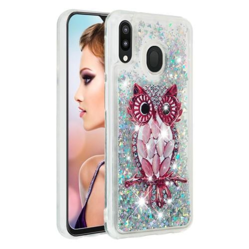 Glitter homokóra zselés tok Samsung Galaxy M20-hoz - bagoly