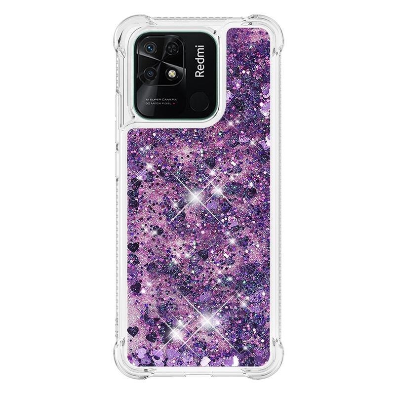 Glitter homokóra zselés tok Xiaomi Redmi 10C-hez - sötétlila/szívecske