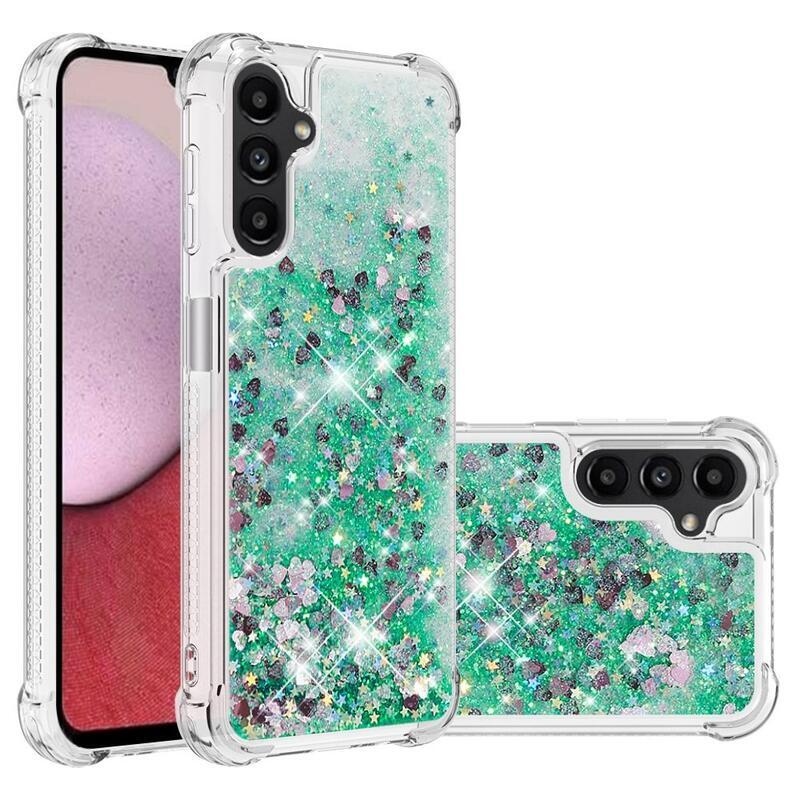 Glitter homokóra zselés tok Samsung Galaxy A14 4G/5G - zöld/szívek