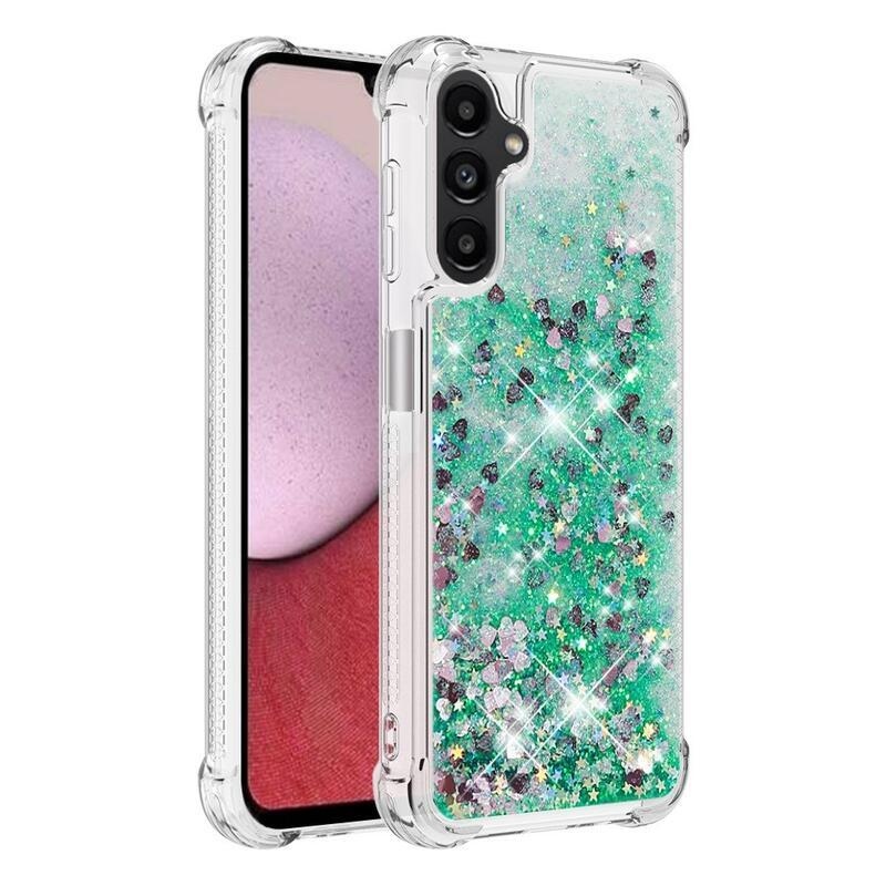 Glitter homokóra zselés tok Samsung Galaxy A14 4G/5G - zöld/szívek