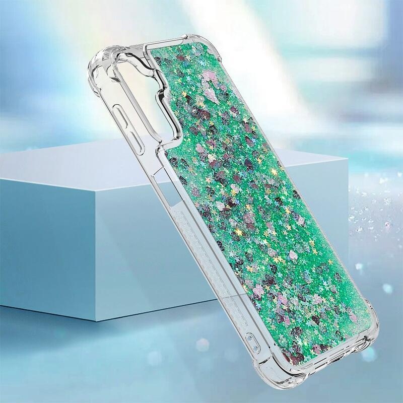 Glitter homokóra zselés tok Samsung Galaxy A14 4G/5G - zöld/szívek