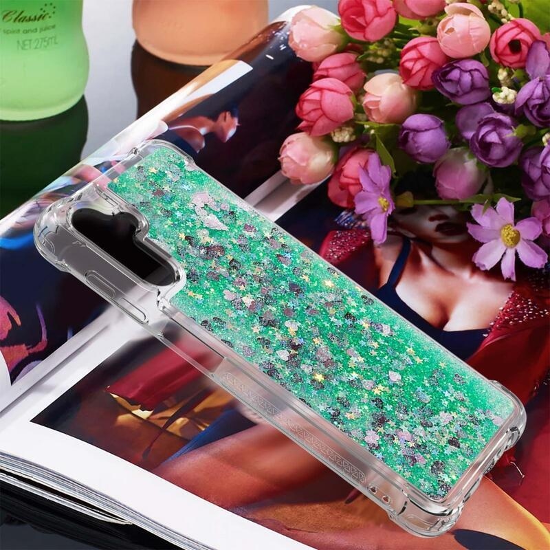 Glitter homokóra zselés tok Samsung Galaxy A34 5G - zöld/szívek