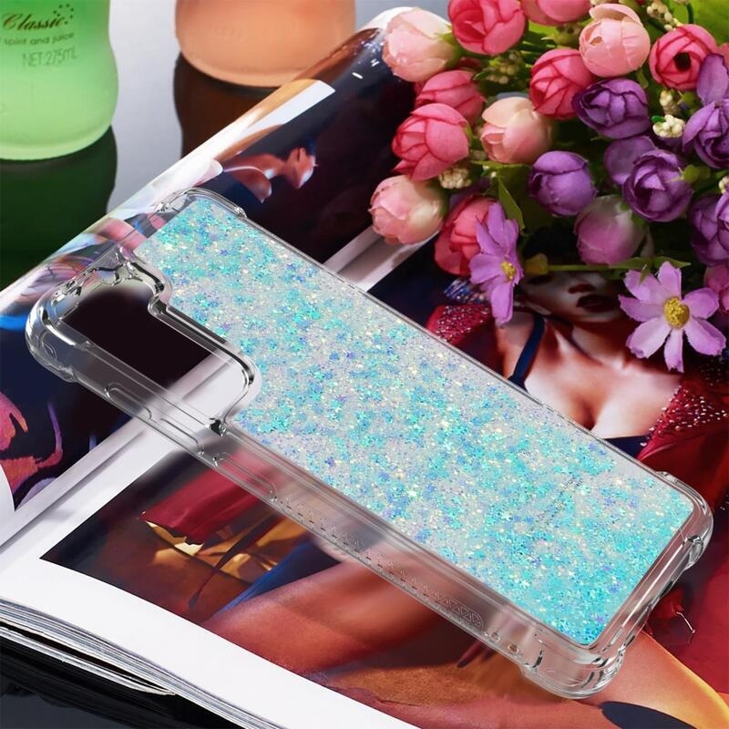 Csillogó homokóra zselés tok Samsung Galaxy S21 FE 5G - kék/csillagok