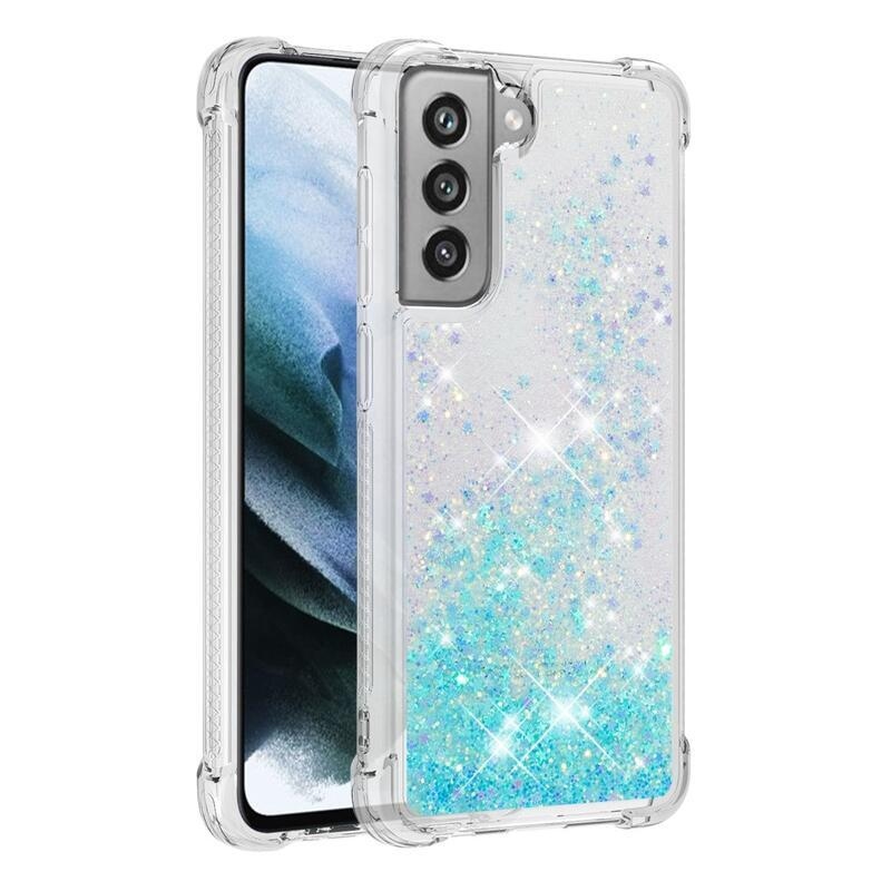 Csillogó homokóra zselés tok Samsung Galaxy S21 FE 5G - kék/csillagok
