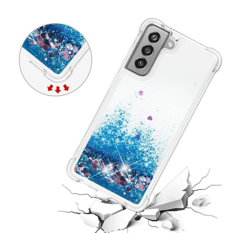 Csillogó homokóra zselés tok Samsung Galaxy S21 FE 5G - kék/szív
