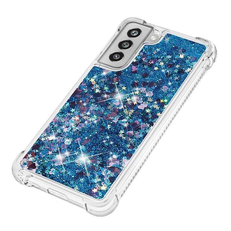 Csillogó homokóra zselés tok Samsung Galaxy S21 FE 5G - kék/szív