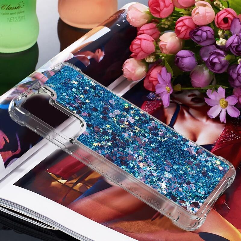 Csillogó homokóra zselés tok Samsung Galaxy S21 FE 5G - kék/szív