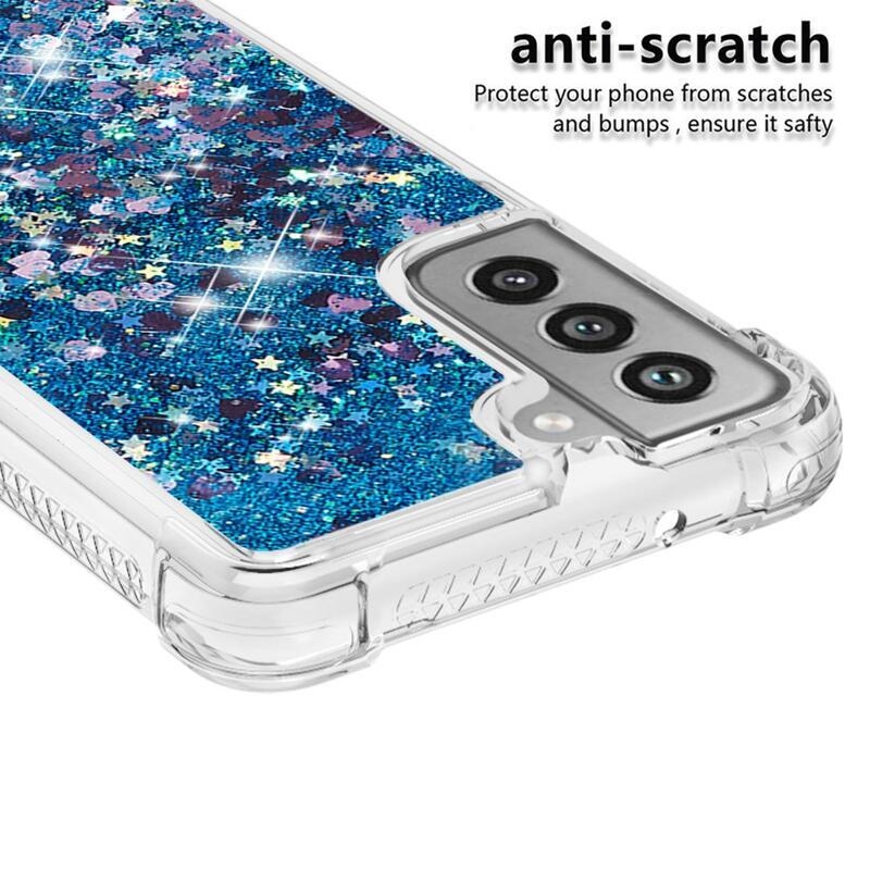 Csillogó homokóra zselés tok Samsung Galaxy S21 FE 5G - kék/szív