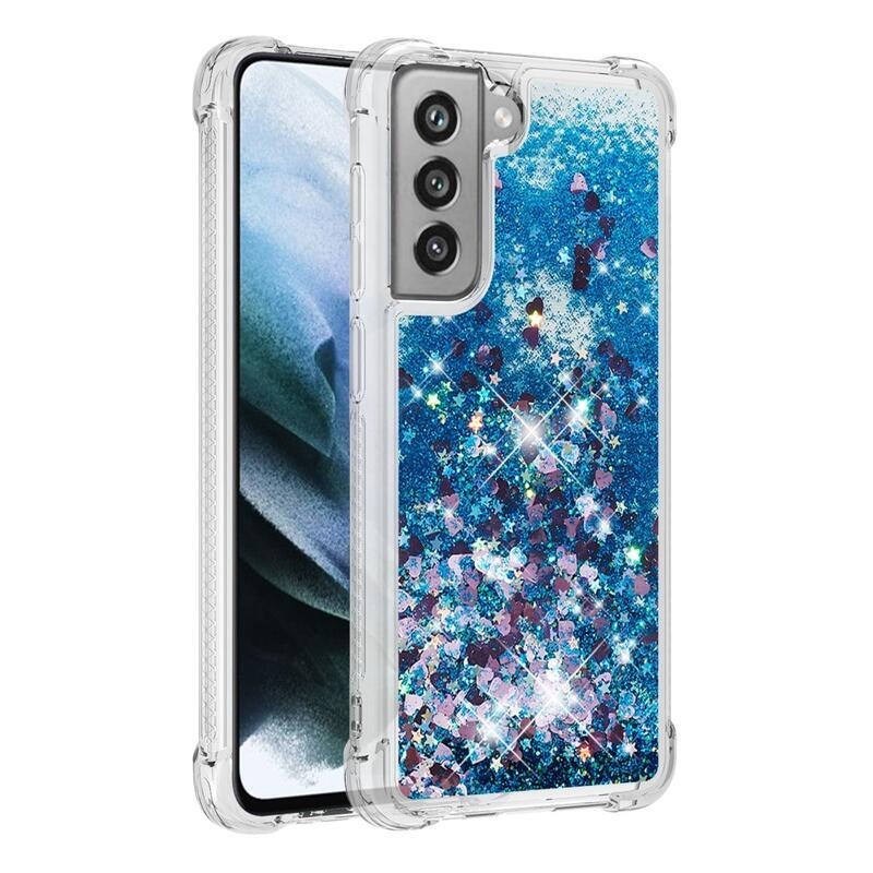 Csillogó homokóra zselés tok Samsung Galaxy S21 FE 5G - kék/szív