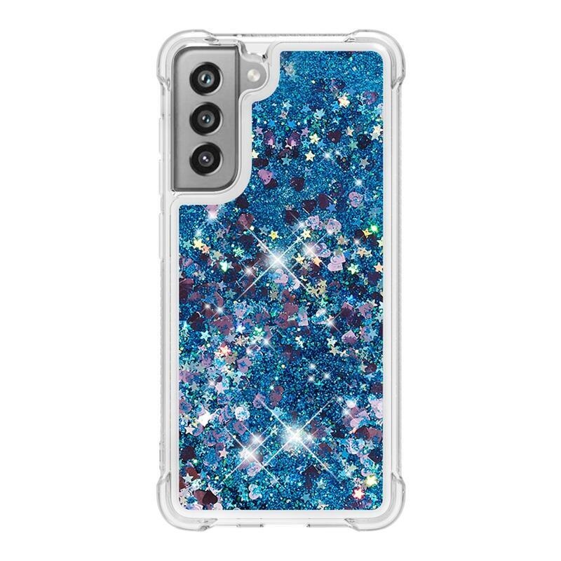 Csillogó homokóra zselés tok Samsung Galaxy S21 FE 5G - kék/szív