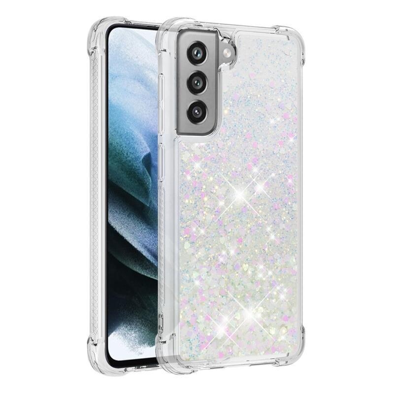 Csillogó homokóra zselés tok Samsung Galaxy S21 FE 5G - rózsaszín/ezüst/szív