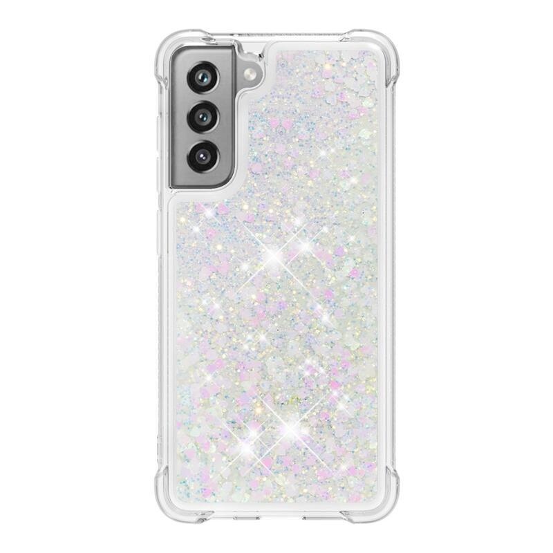 Csillogó homokóra zselés tok Samsung Galaxy S21 FE 5G - rózsaszín/ezüst/szív