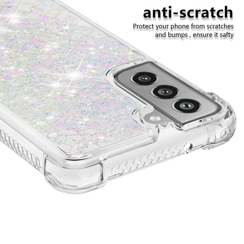 Csillogó homokóra zselés tok Samsung Galaxy S21 FE 5G - rózsaszín/ezüst/szív