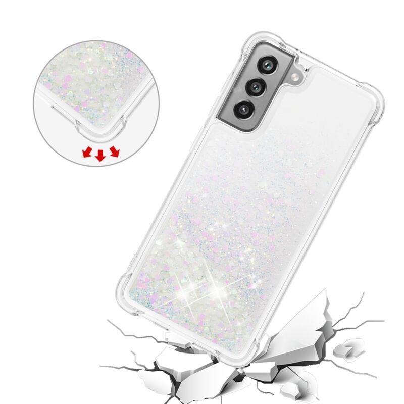Csillogó homokóra zselés tok Samsung Galaxy S21 FE 5G - rózsaszín/ezüst/szív