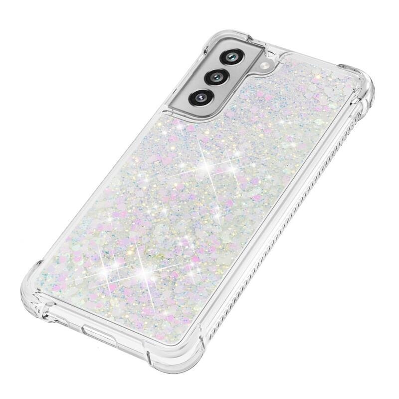 Csillogó homokóra zselés tok Samsung Galaxy S21 FE 5G - rózsaszín/ezüst/szív