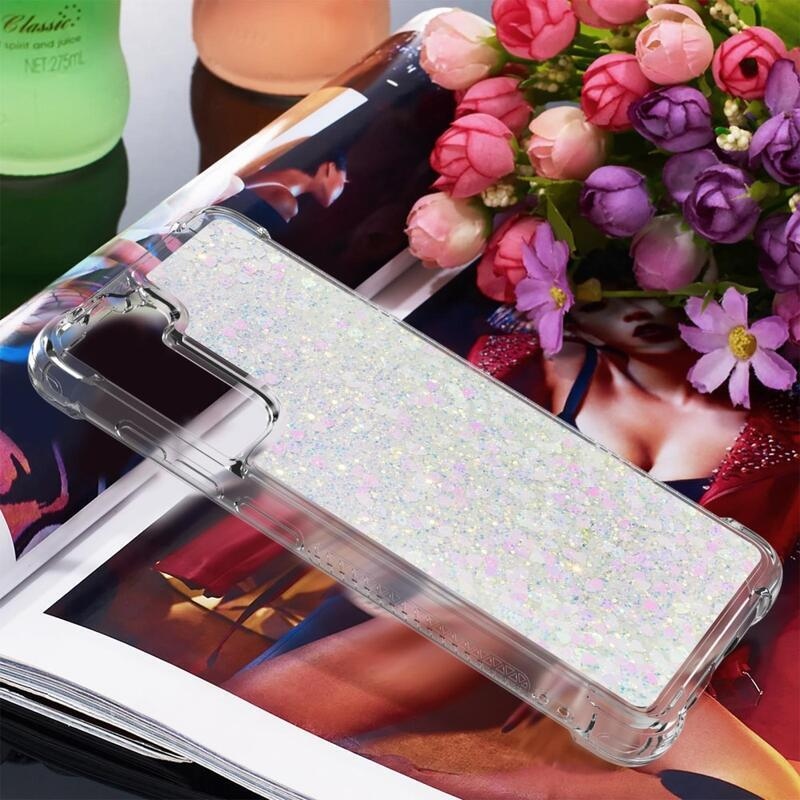 Csillogó homokóra zselés tok Samsung Galaxy S21 FE 5G - rózsaszín/ezüst/szív