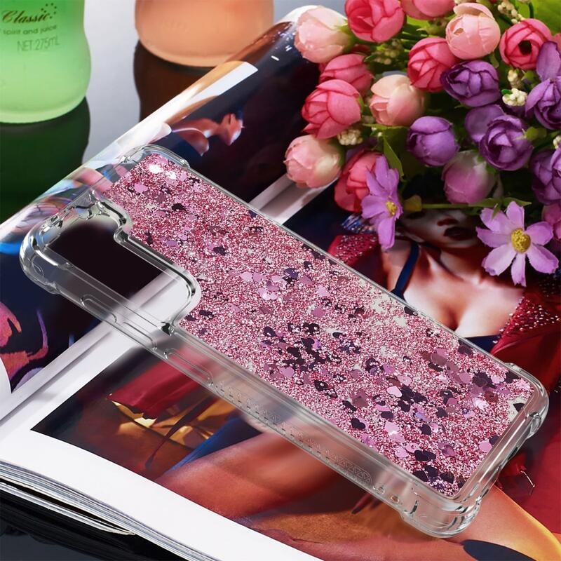 Glitter homokóra zselés tok Samsung Galaxy S21 FE 5G - rózsaarany/szív