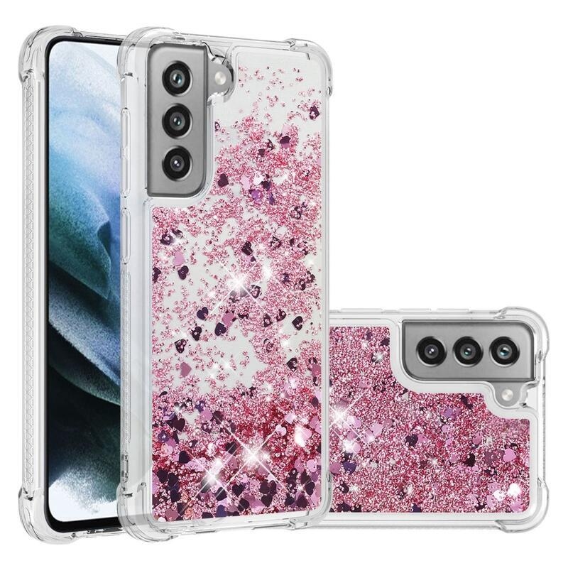 Glitter homokóra zselés tok Samsung Galaxy S21 FE 5G - rózsaarany/szív