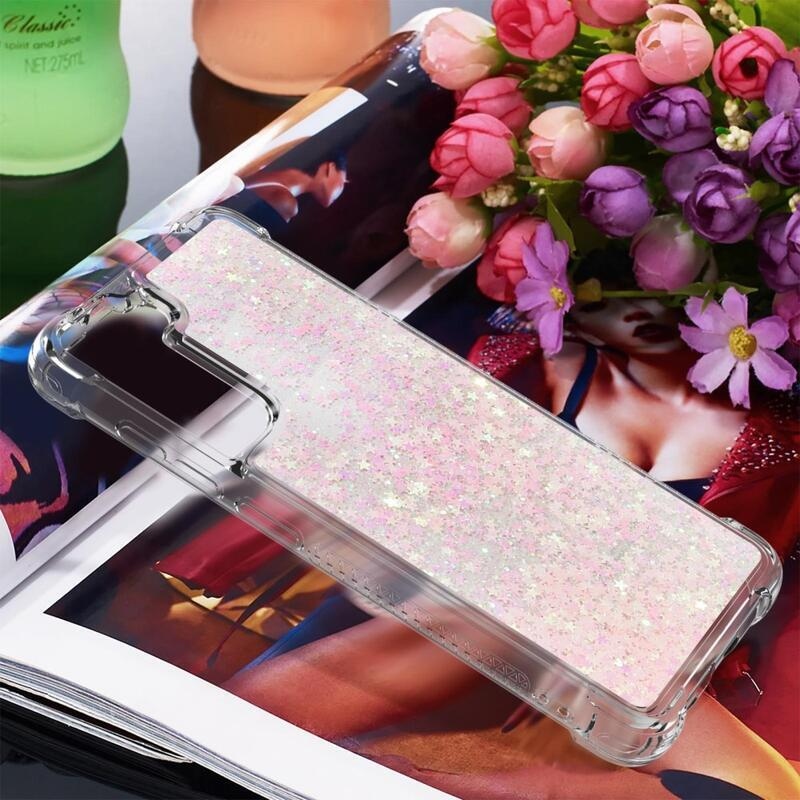 Glitter homokóra zselés tok Samsung Galaxy S21 FE 5G - rózsaszín/csillagok