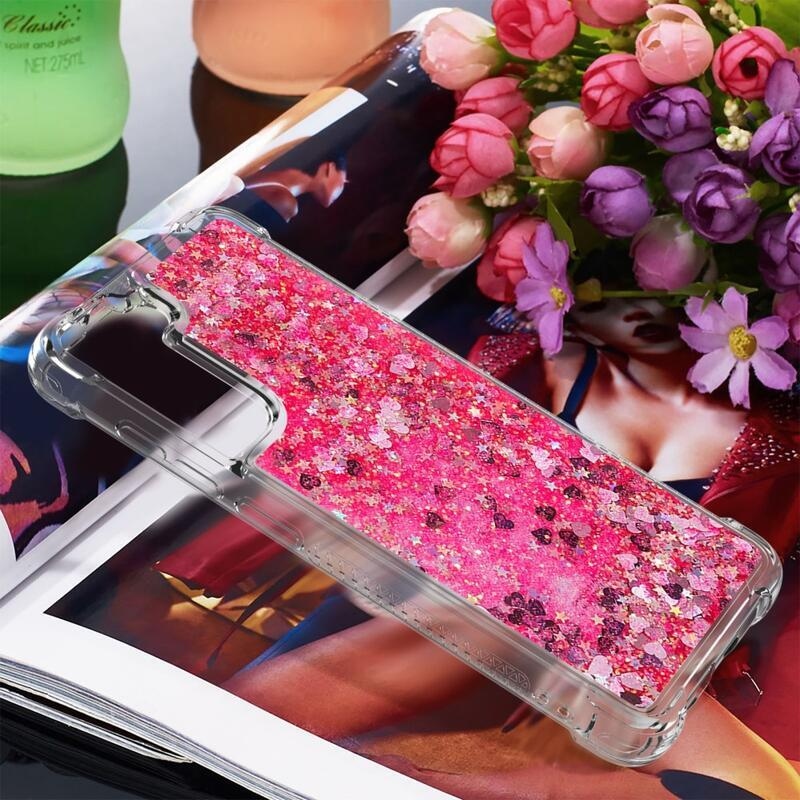 Glitter homokóra zselés tok Samsung Galaxy S21 FE 5G - rózsaszín/szívek
