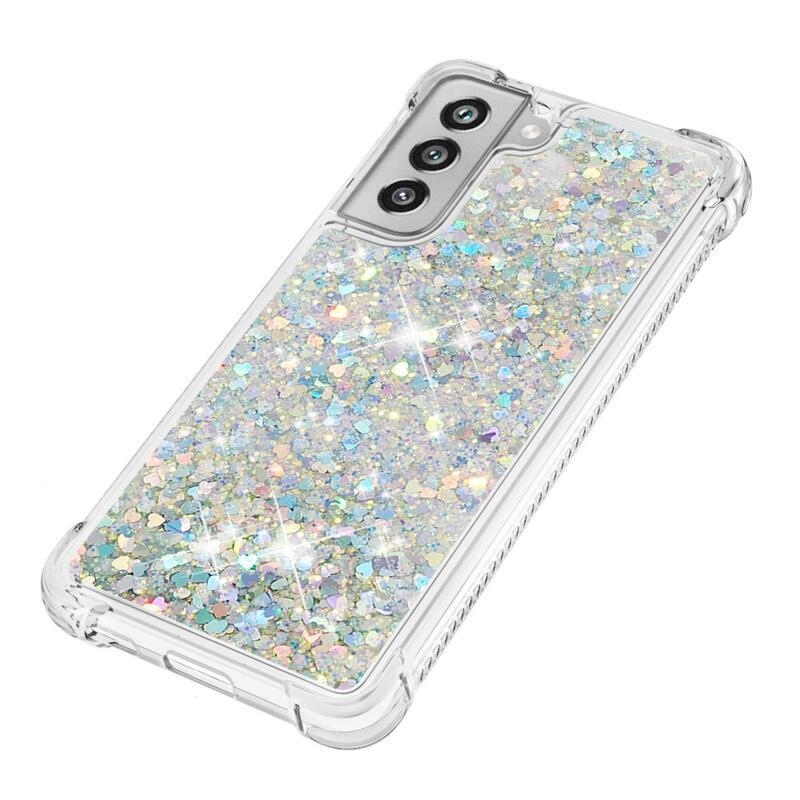 Csillogó homokóra zselés tok Samsung Galaxy S21 FE 5G - ezüst/szív