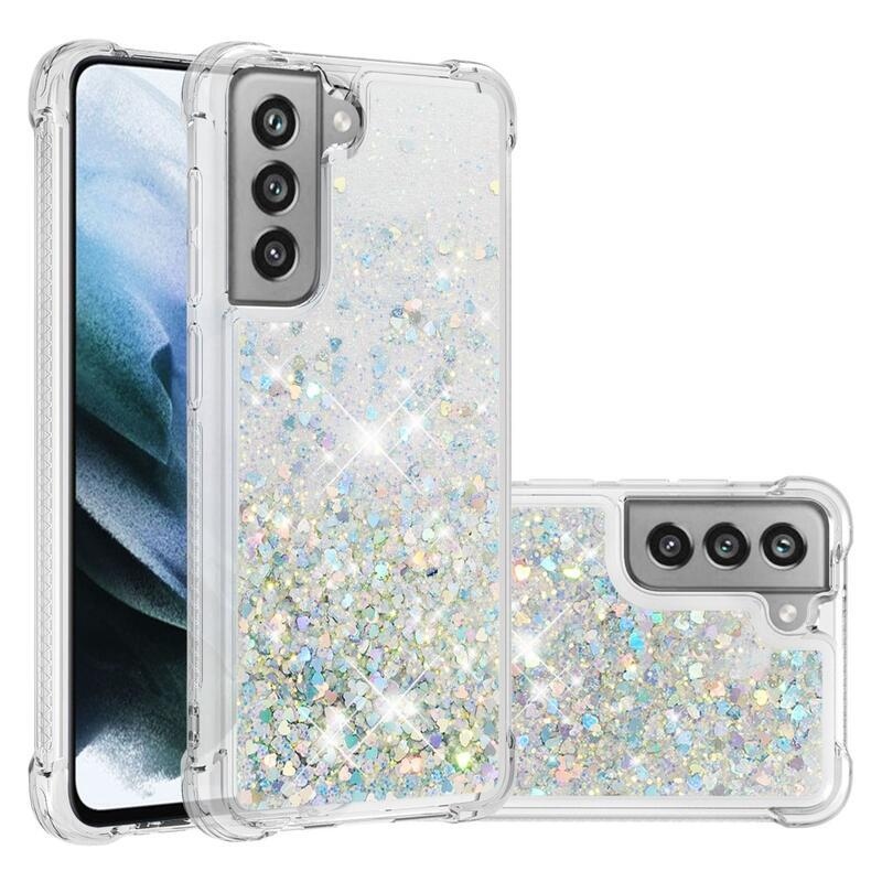 Csillogó homokóra zselés tok Samsung Galaxy S21 FE 5G - ezüst/szív
