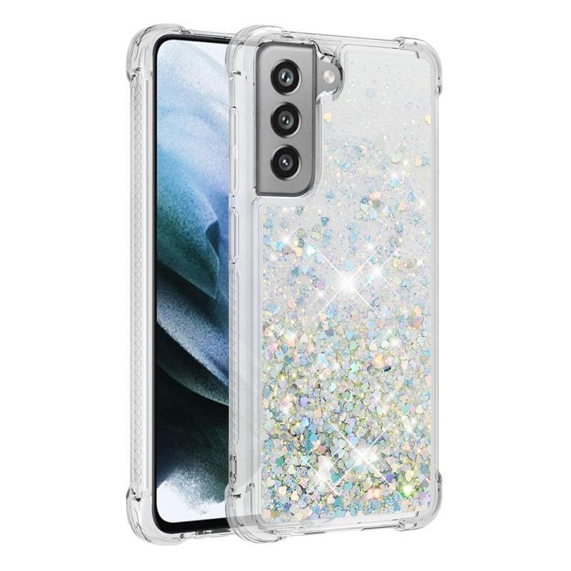Csillogó homokóra zselés tok Samsung Galaxy S21 FE 5G - ezüst/szív