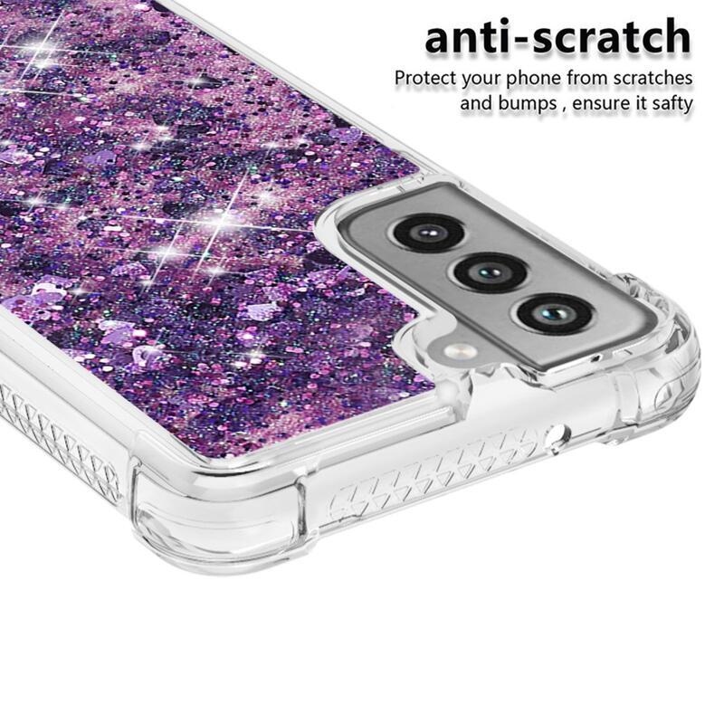 Glitter homokóra zselés tok Samsung Galaxy S21 FE 5G - sötét lila/szív