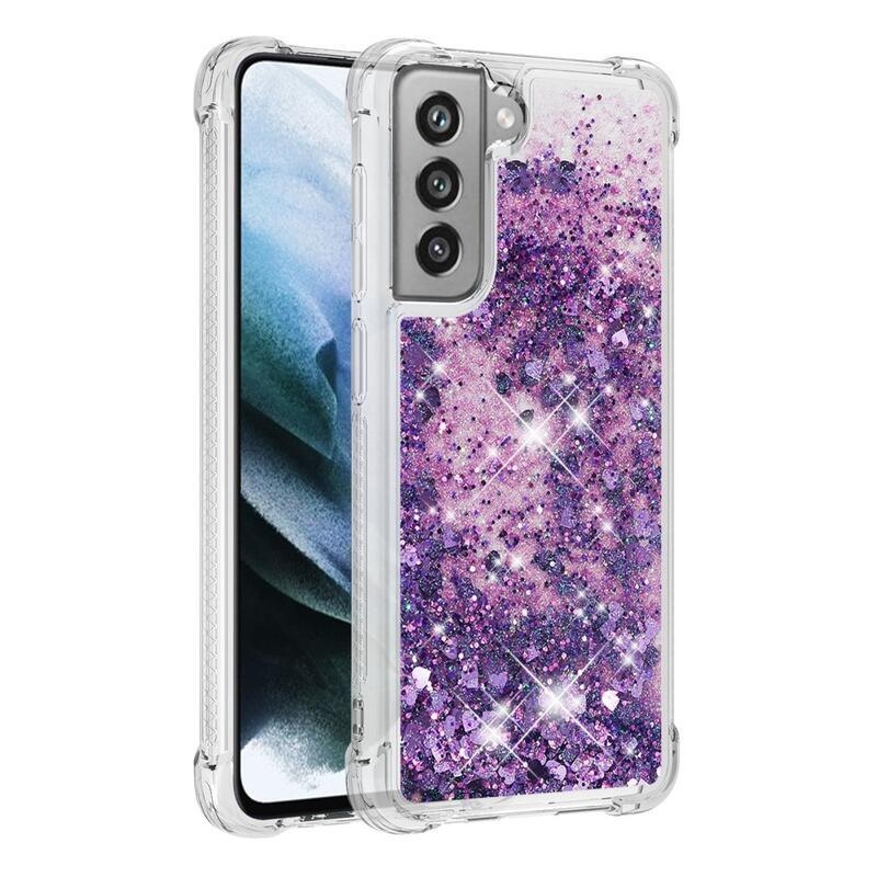 Glitter homokóra zselés tok Samsung Galaxy S21 FE 5G - sötét lila/szív