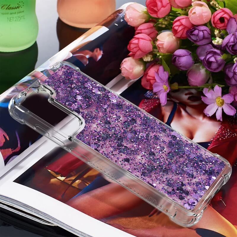Glitter homokóra zselés tok Samsung Galaxy S21 FE 5G - sötét lila/szív