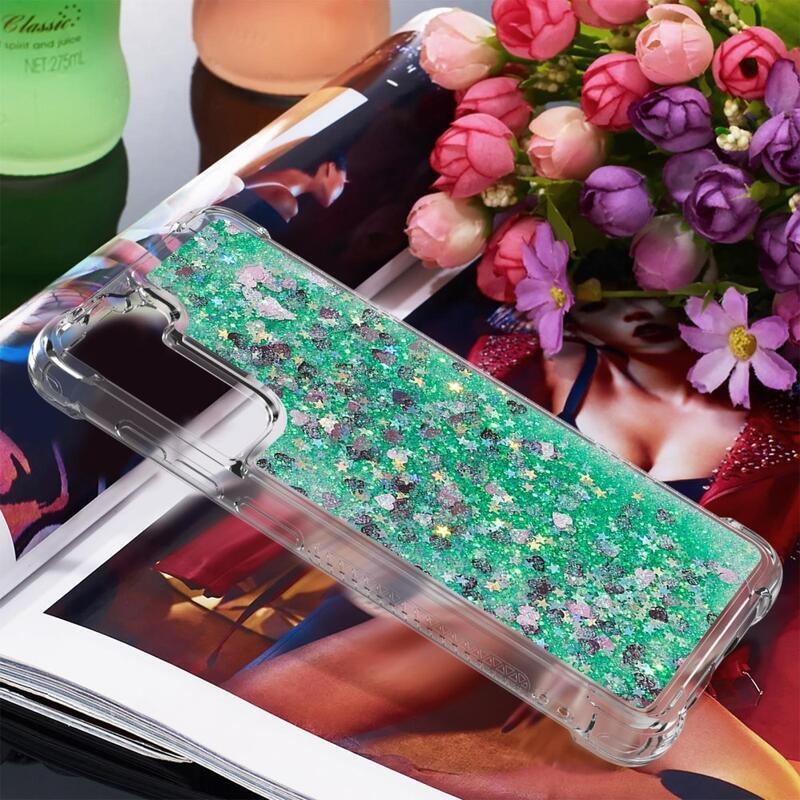 Glitter homokóra zselés tok Samsung Galaxy S21 FE 5G - zöld/szívek
