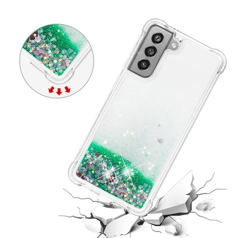 Glitter homokóra zselés tok Samsung Galaxy S21 FE 5G - zöld/szívek
