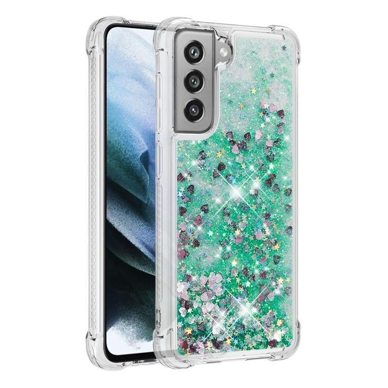 Glitter homokóra zselés tok Samsung Galaxy S21 FE 5G - zöld/szívek